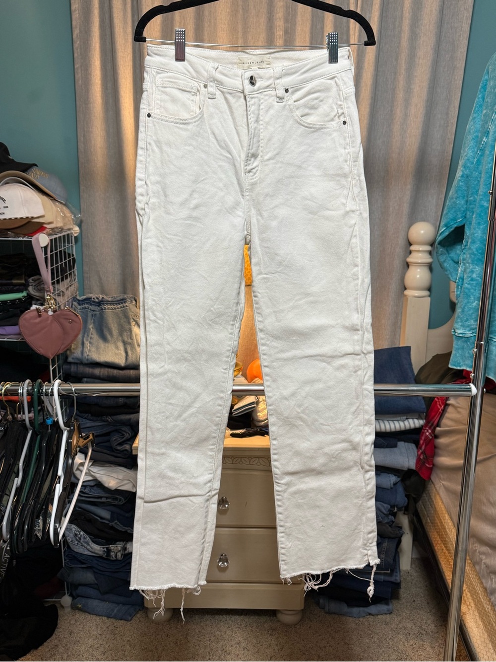 Risen White High Rise Straight Leg Raw Hem Jeans 5/27 28” Inseam